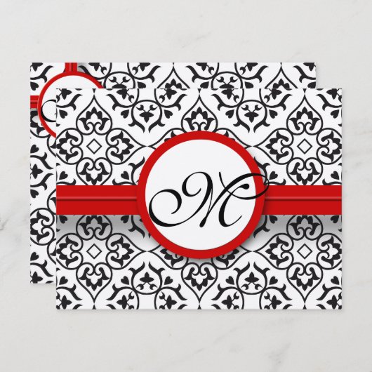 Damask Frontières Côté Rouge Trim Mariage RSVP (Devant / Derrière)