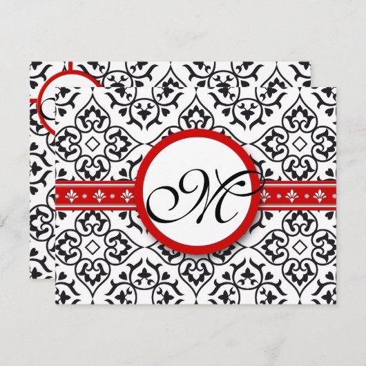 Damask Frontières Côté Rouge Trim Mariage RSVP (Devant / Derrière)