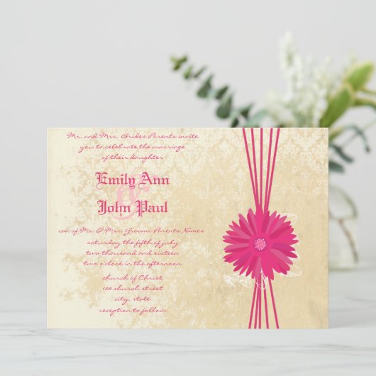 Damask Fuchsia Gerber Daisy Faire-part de mariage (Debout devant)