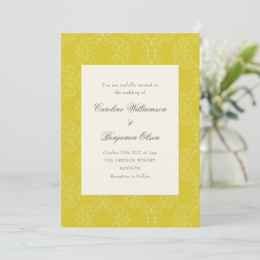   Damask Geel Elegant Huwelijk Kaart (Staand voorkant)