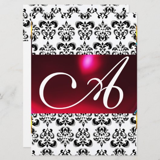 DAMASK GEM MONOGRAM rood bordeaux wit Kaart (Voorkant / Achterkant)