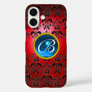 DAMASK GEM MONOGRAM rood zwart blauw iPhone 16 Hoesje
