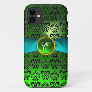 DAMASK GIRLY MONOGRAM green aqua blue lbon iPhone 11 Hoesje