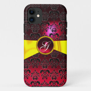 DAMASK GIRLY MONOGRAM Red Goudgele lint iPhone 11 Hoesje