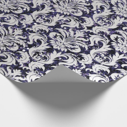 Damask Glitter Silver Gray Royal Blue Navy Cadeaupapier (Hoek)