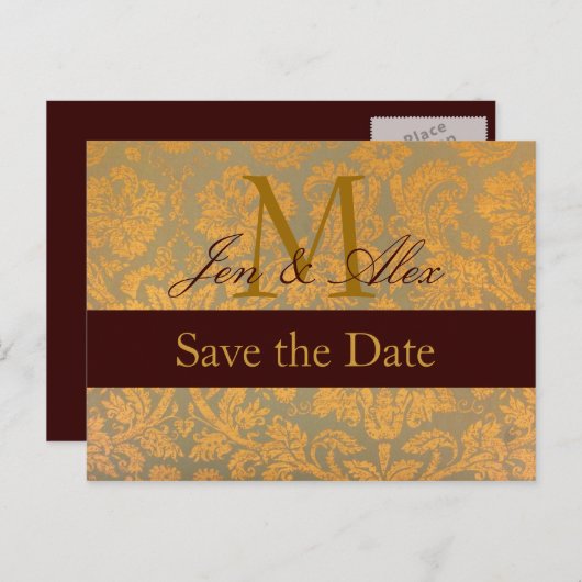 Damask Gold Bewaar de datum Monogram Aankondiging (Voorkant / Achterkant)