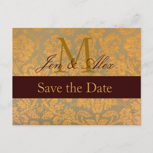 Damask Gold Bewaar de datum Monogram Aankondiging (Voorkant)