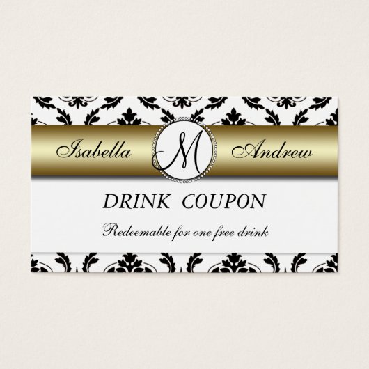 Damask Gold Bruiloft Gratis Drink Coupon Kaart (Voorkant)