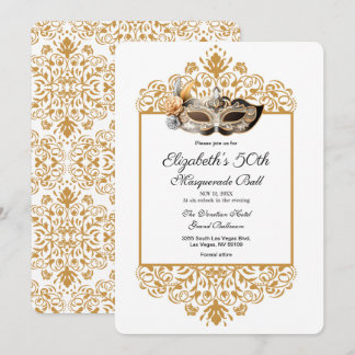 Damask Gold Masquerade Ball 50th Birthday Invitat Kaart