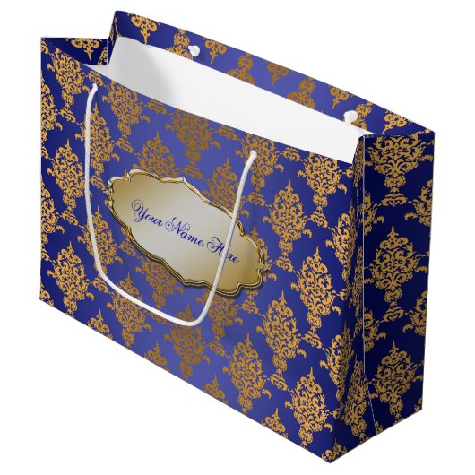 Damask Gold op Royal Blue Label Large Cadeautasje (Voorkant Gekanteld)