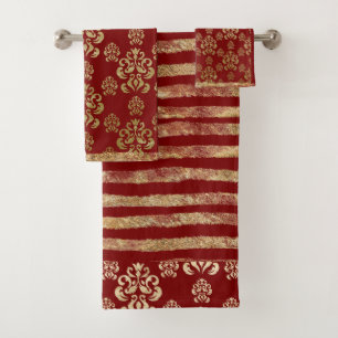 Damask Gold Red Elegant Moderne Stripe Bad Handdoek