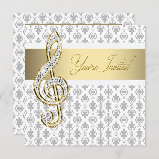 Damask Gold Treble Clef Considérant Invitations (Devant / Derrière)