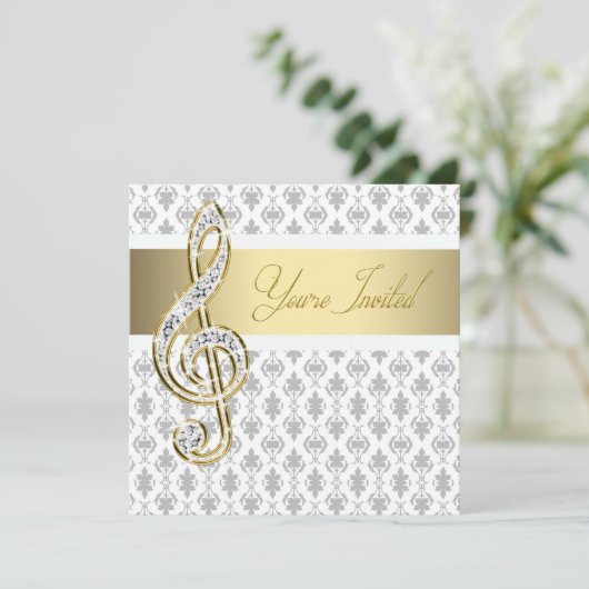 Damask Gold Treble Clef Considérant Invitations (Debout devant)