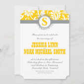 Damask Gray Jaune Monogramme Mariage Invitation (Devant)