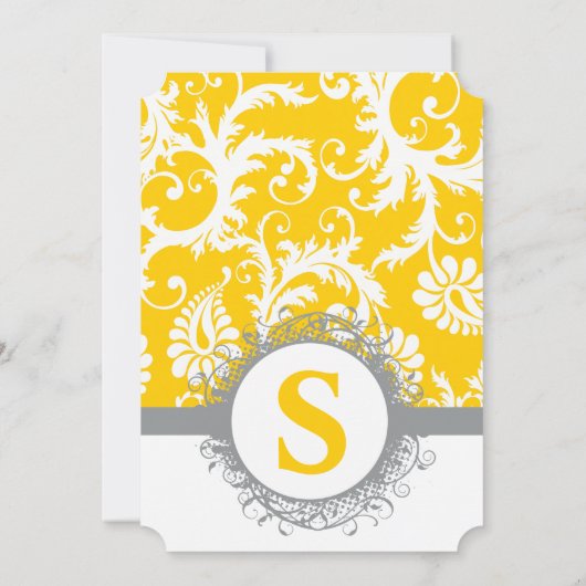 Damask Gray Jaune Monogramme Mariage Invitation (Dos)