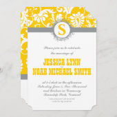 Damask Gray Jaune Monogramme Mariage Invitation (Devant / Derrière)