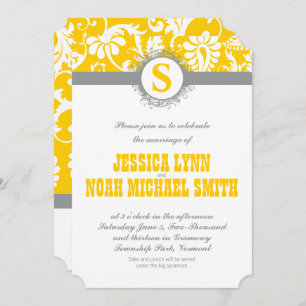 Damask Gray Jaune Monogramme Mariage Invitation