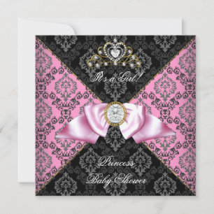 Damask Grijs Zwart Roze Prinses Baby Shower Meisje Kaart