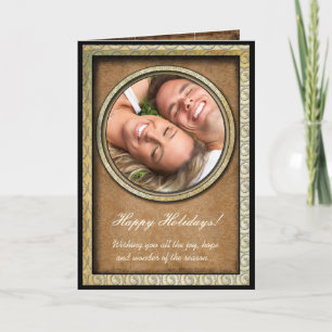 Damask Happy Holidays Gold Frame Votre Carte photo