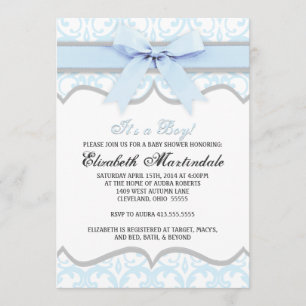Damask Heart Blue Ribbon Baby shower Invitation Kaart