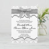 Damask Heart met Gray Ribbon Wedding Invitation Kaart (Staand voorkant)