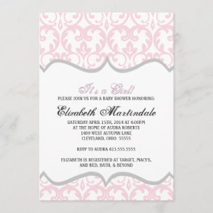 Damask Heart Pink Ribbon Baby shower Invitation Kaart