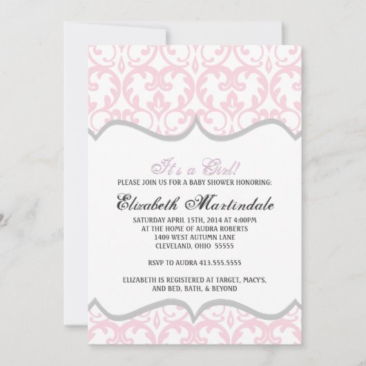 Damask Heart rose Ruban Baby shower Invitation (Devant)