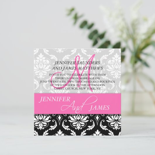 Damask Hot Pink Monogram Naam Wedding Invitaties Kaart (Staand voorkant)