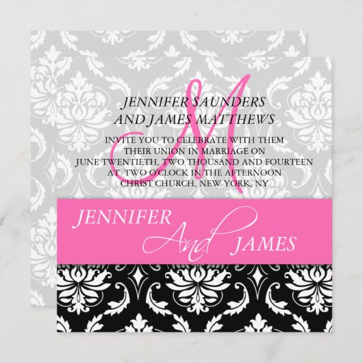 Damask Hot Pink Monogramme Nom Mariage Invitations (Devant / Derrière)