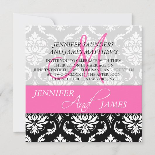 Damask Hot Pink Monogramme Nom Mariage Invitations (Devant)
