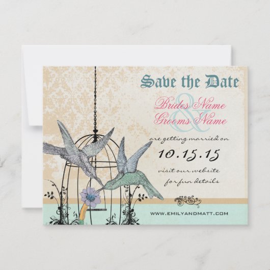 Damask Hummingbird Birdcage Wedding Save the Date Kaart (Voorkant)