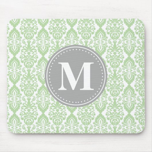Damask in Mint Green Grey Monogram Muismat (Voorkant)