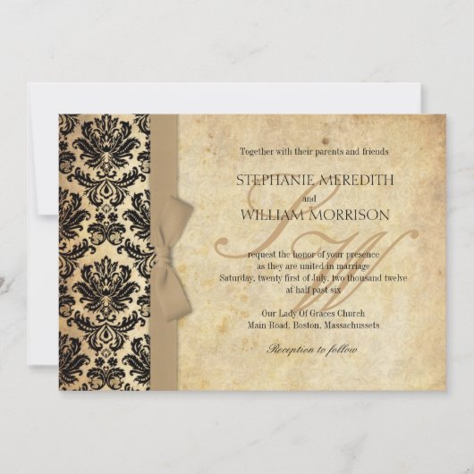 Damask  Ivory Bow Wedding Invitation Kaart (Voorkant)
