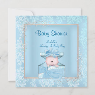 Damask Jongens Baby Shower Blauw Witte Bloemen Kaart