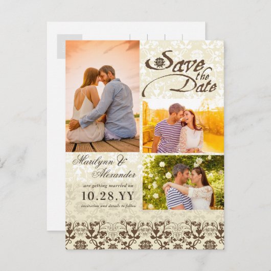 Damask Lace Coffee Photo Sla de datum op Aankondigingskaart (Voorkant / Achterkant)