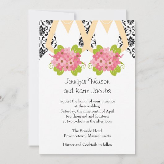 Damask Lesbian Wedding Invitation Kaart (Voorkant)