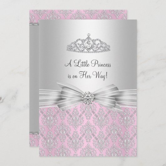 Damask Little Princess Baby shower Invitation Kaart (Voorkant / Achterkant)