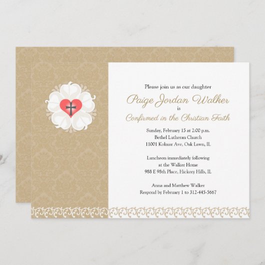 Damask Lutheran Cross Confirmation Invitation (Devant / Derrière)