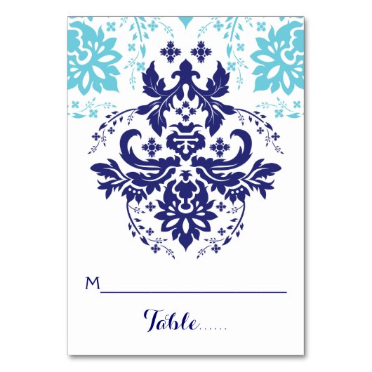 Damask marine blauw, aqua bruiloft escort plaats k kaart (Voorkant)