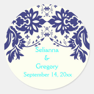 Damask marine blauw, aqua, bruiloft Save the Date Ronde Sticker