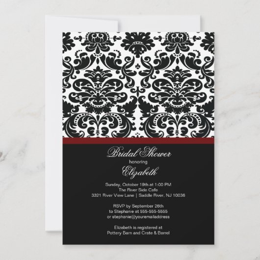 Damask Merlot Wine Red Bridal Shower Invitation (Devant)
