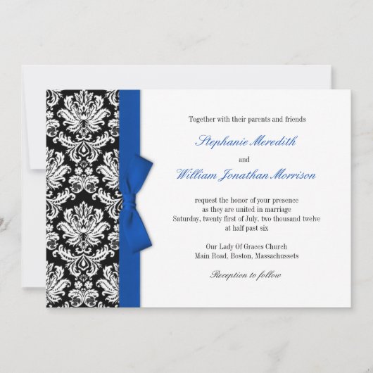 Damask met Blue Bow Wedding Invitation Kaart (Voorkant)