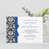 Damask met Blue Bow Wedding Invitation Kaart (Staand voorkant)