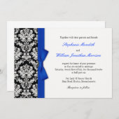 Damask met Blue Bow Wedding Invitation Kaart (Voorkant / Achterkant)