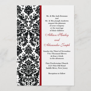 Damask met rood accent Wedding Invitation Kaart