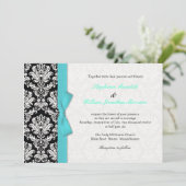 Damask met Turquoise Bow Wedding Invitation Kaart (Staand voorkant)