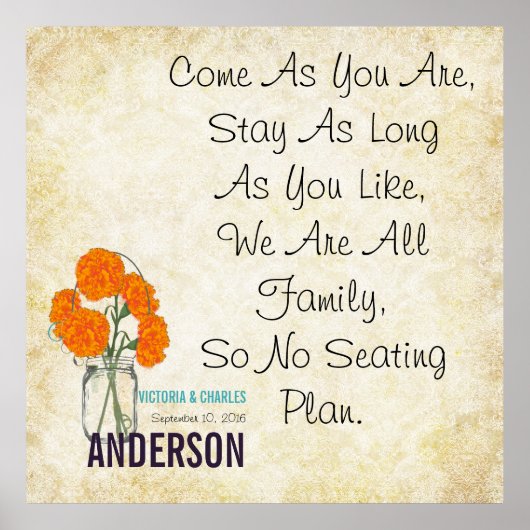 Damask Modern Mason Jar Seating Chart Poster (Voorkant)