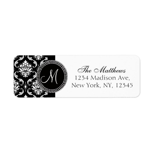 Damask Monogram Adres Label Zwart Wit (Voorkant)