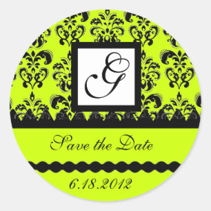 DAMASK MONOGRAM, geel groen Ronde Sticker