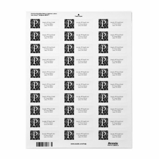 Damask Monogram P Adres Mailing Labels (Full Sheet)